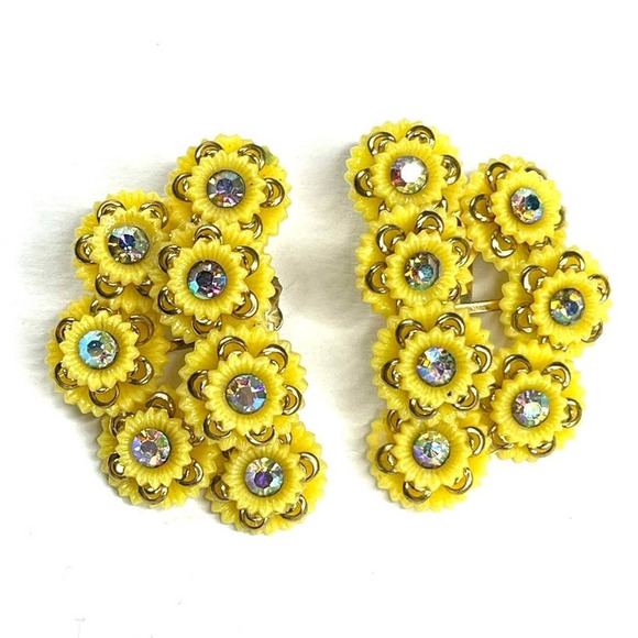 VINTAGE Earrings Yellow Celluloid Climbers AB Rhinestone Vtg Jewelry Clip AU01 - Picture 1 of 3